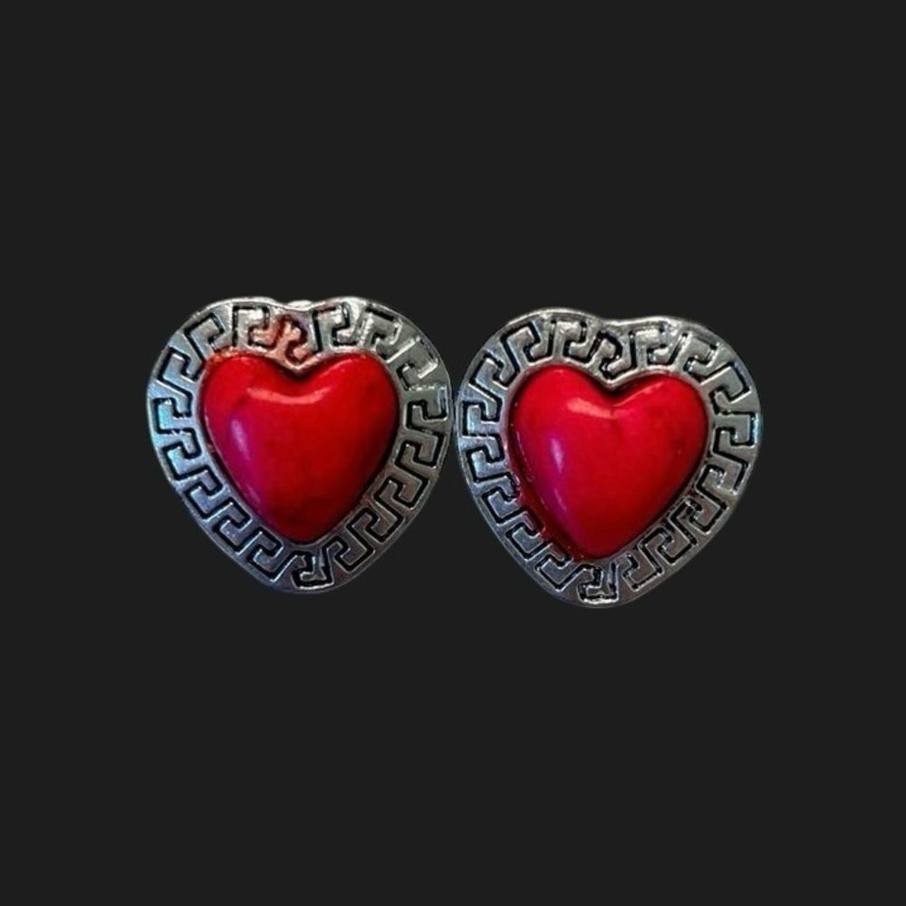 Red Heart Stud Earrings with Greek Key Border | Romantic Valentines